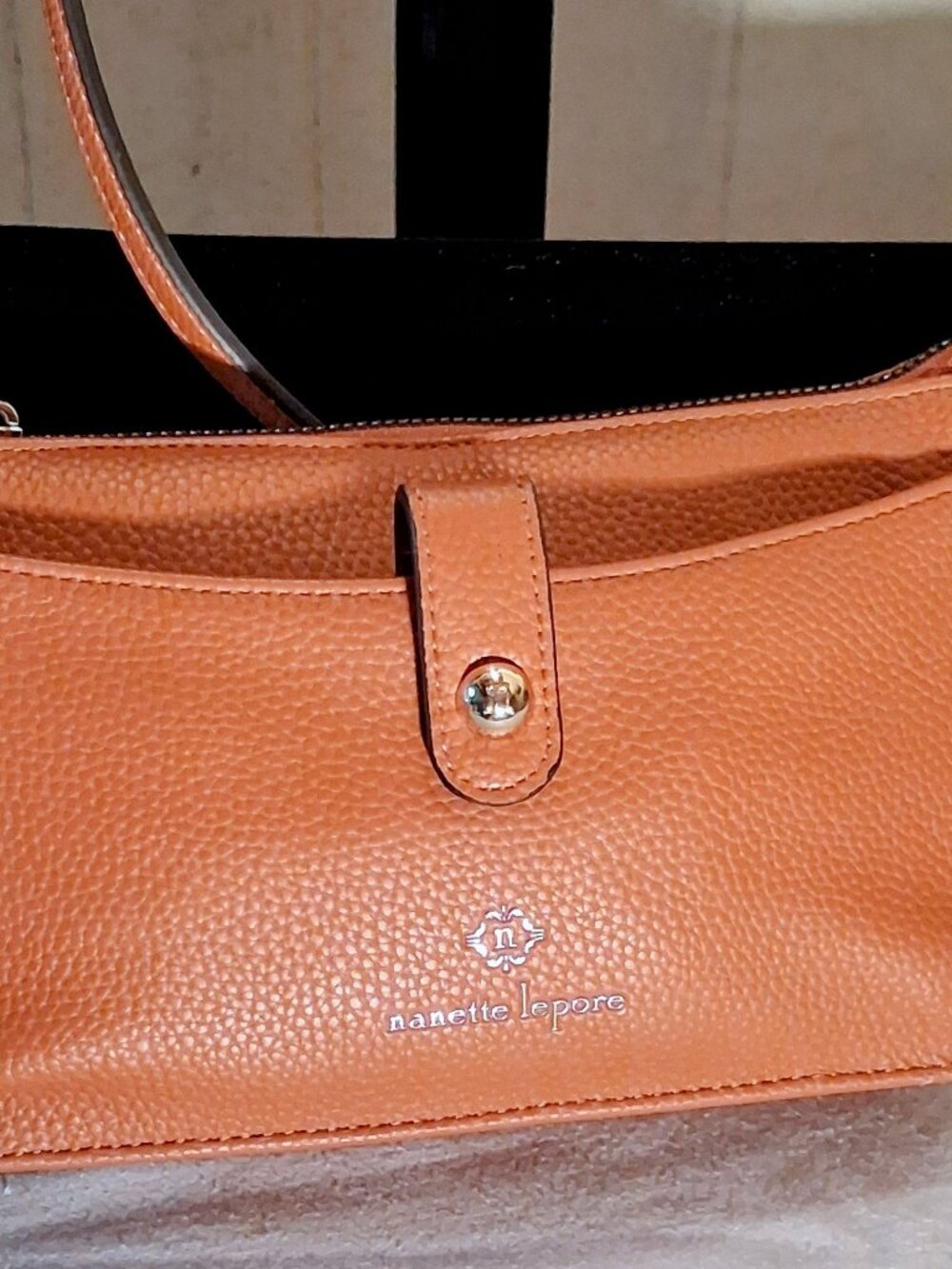 Nanette Lepore Tan Pebble Vegan Leather Crossbody Bag Gold Logo Hardware Small